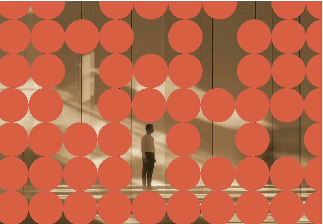 Terracotta dot pattern over a figure in a glass hall